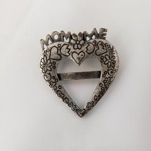 Mom Me Pin Brooch Hollow Heart Hearts Flowers Tarnished Pewter Mother's Day Gift